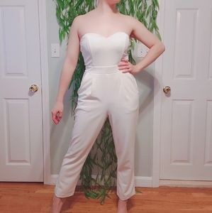Express White Strapless Jumpsuit with Pockets